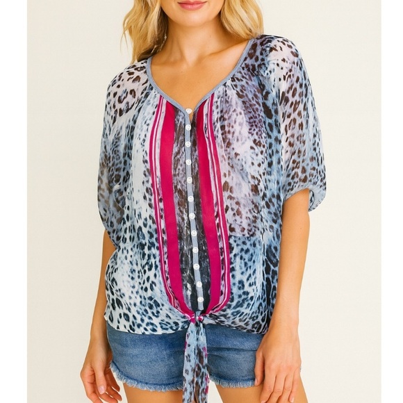 Karen Kane leopard print pink, black & white tie knot button up blouse SZ M - Picture 1 of 9